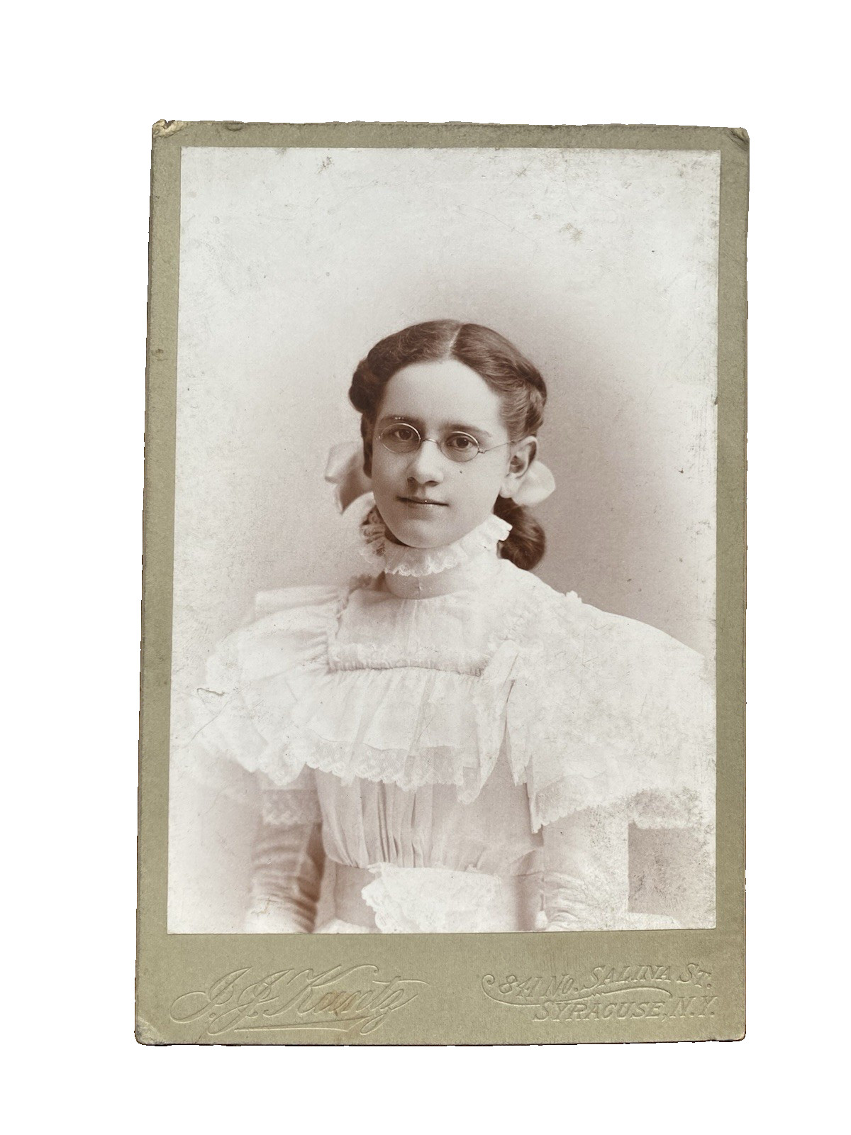 Pretty Young Lady Wearing Glasses & Lace Dress Syracuse NY Antique Photo