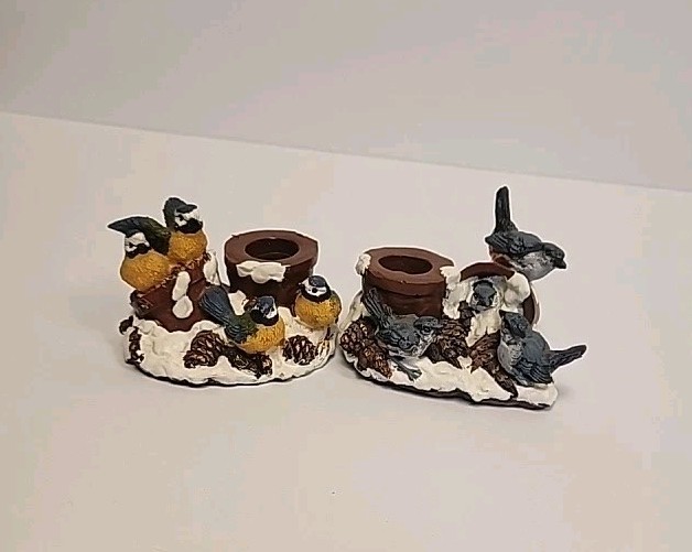 ​Vintage Winter Songbird Taper Candle Holders Resin Bluebirds Chickadees Snow