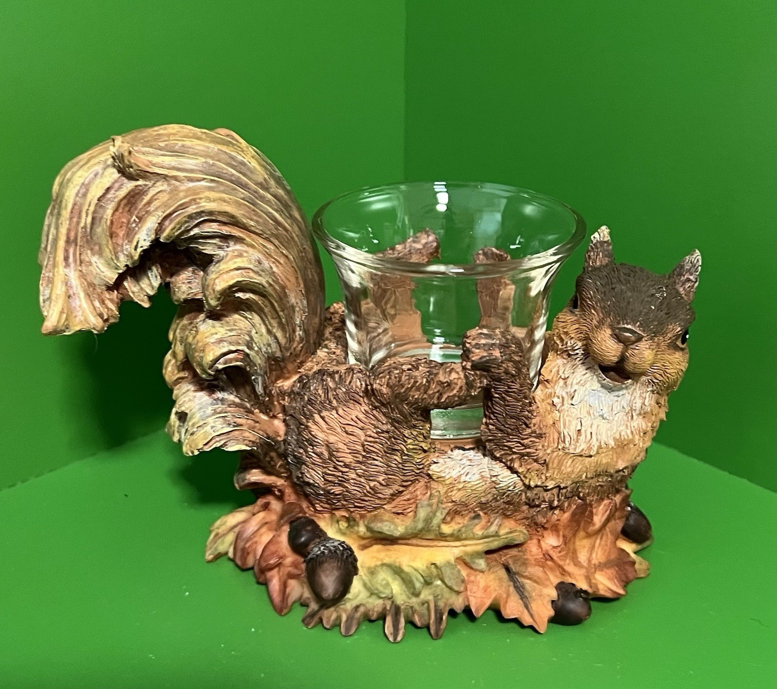 2Pc Rustic Harvest Resin Squirrel Votive Candleholder Fall Autumn Leaf 6.5”W