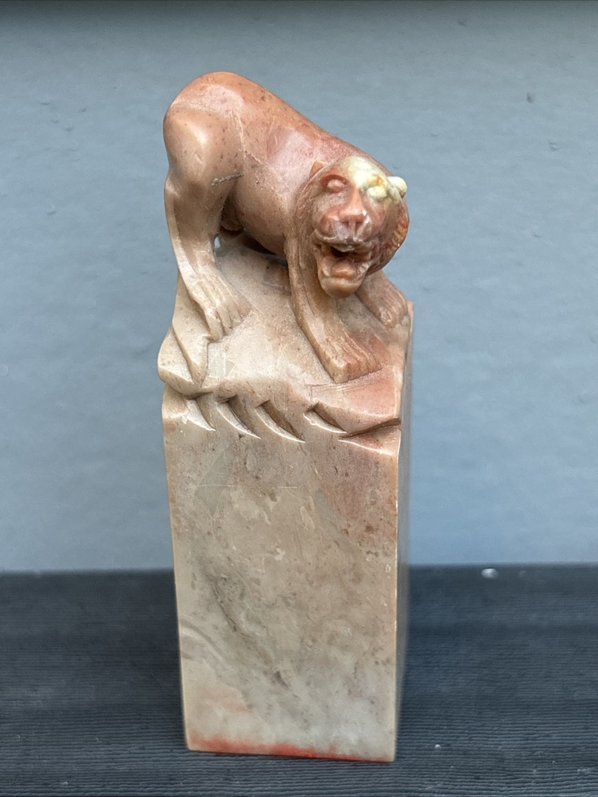 Vintage Hand Carved Stone Name Stamp With Tiger Animal On Top