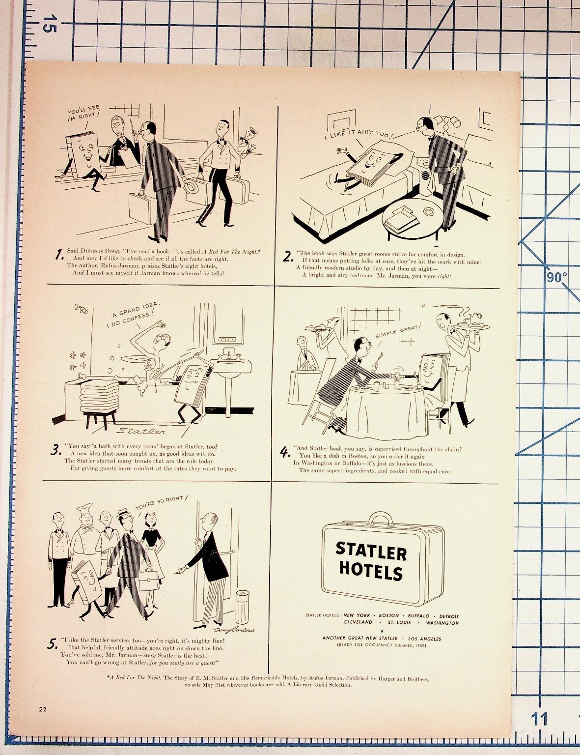 1952 Statler Hotels Vintage Ad Ephemera Rufus Jarman Book Cartoon