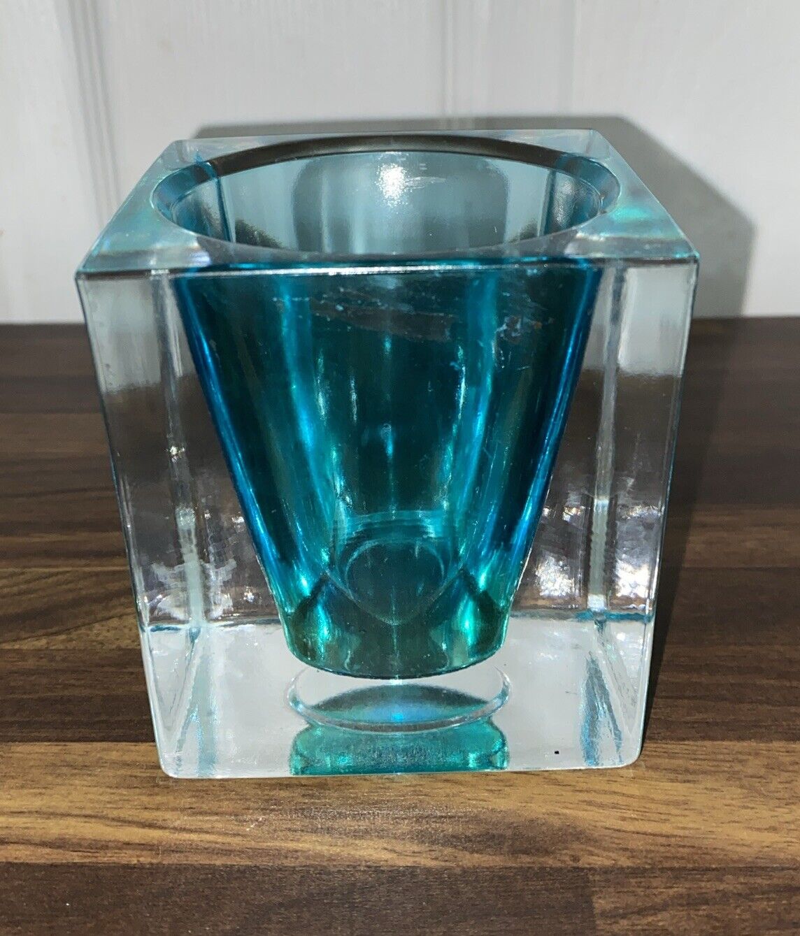 Vetreria Lux Italy Heavy Glass Votive Candle Holder Blue w/ Green hues 3.5 in