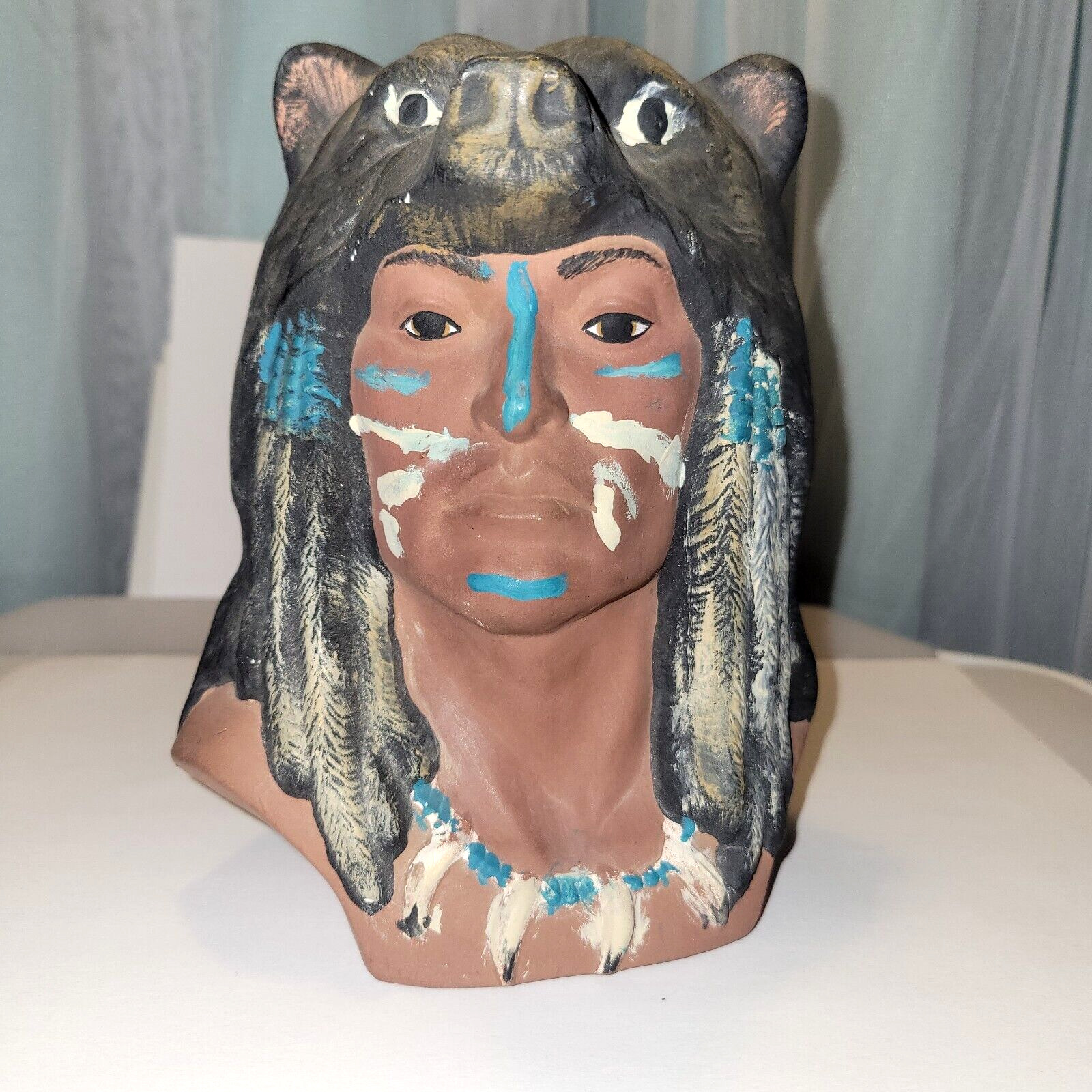 Vintage Large Native American Indian Ceramic Bust Statue Sculpture sign 1994