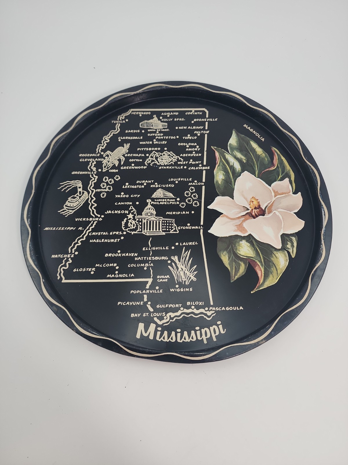 Mississippi State Metal Souvenir Plate Collectible Magnolia Flower 11\