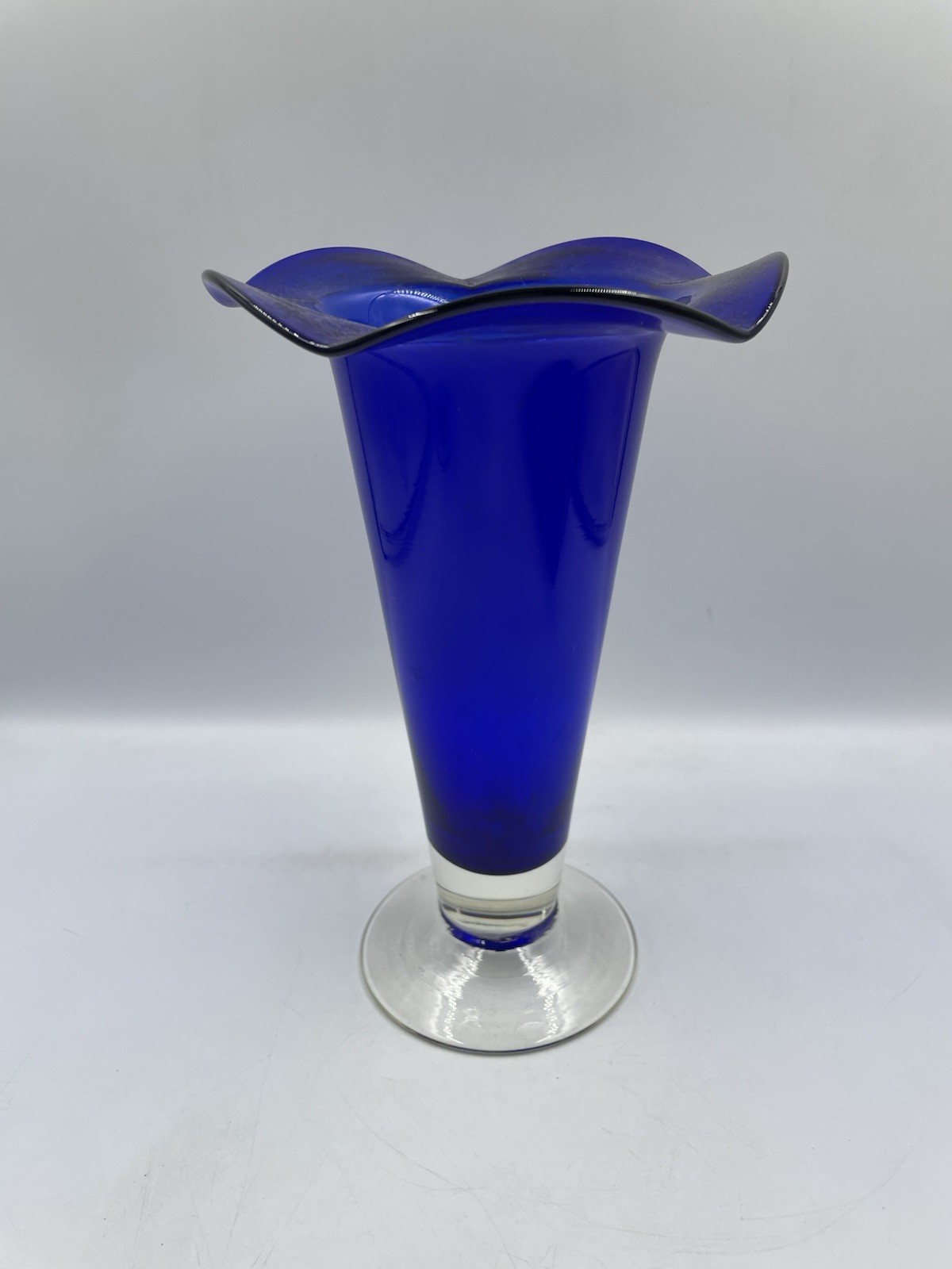 Cobalt Blue Glass Hand Crafted AAC Ruffled Trumpet Vase Clear Base  8 1/2\