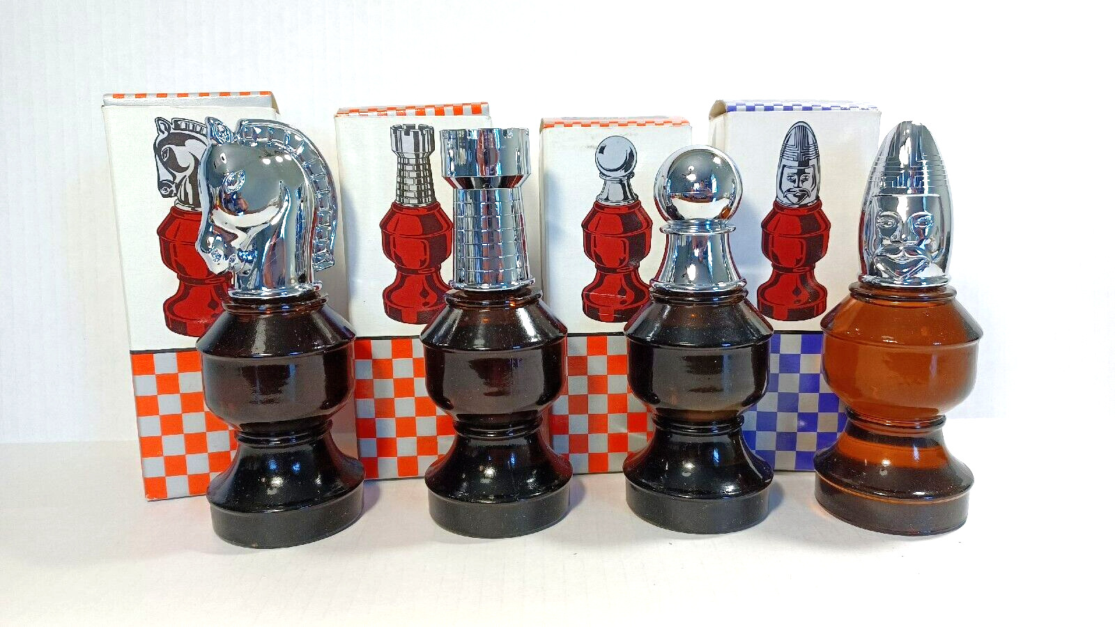 4 Vintage AVON Chess Bottles Rook, Bishop, Pawn & Smart Move ORIGINAL BOXES