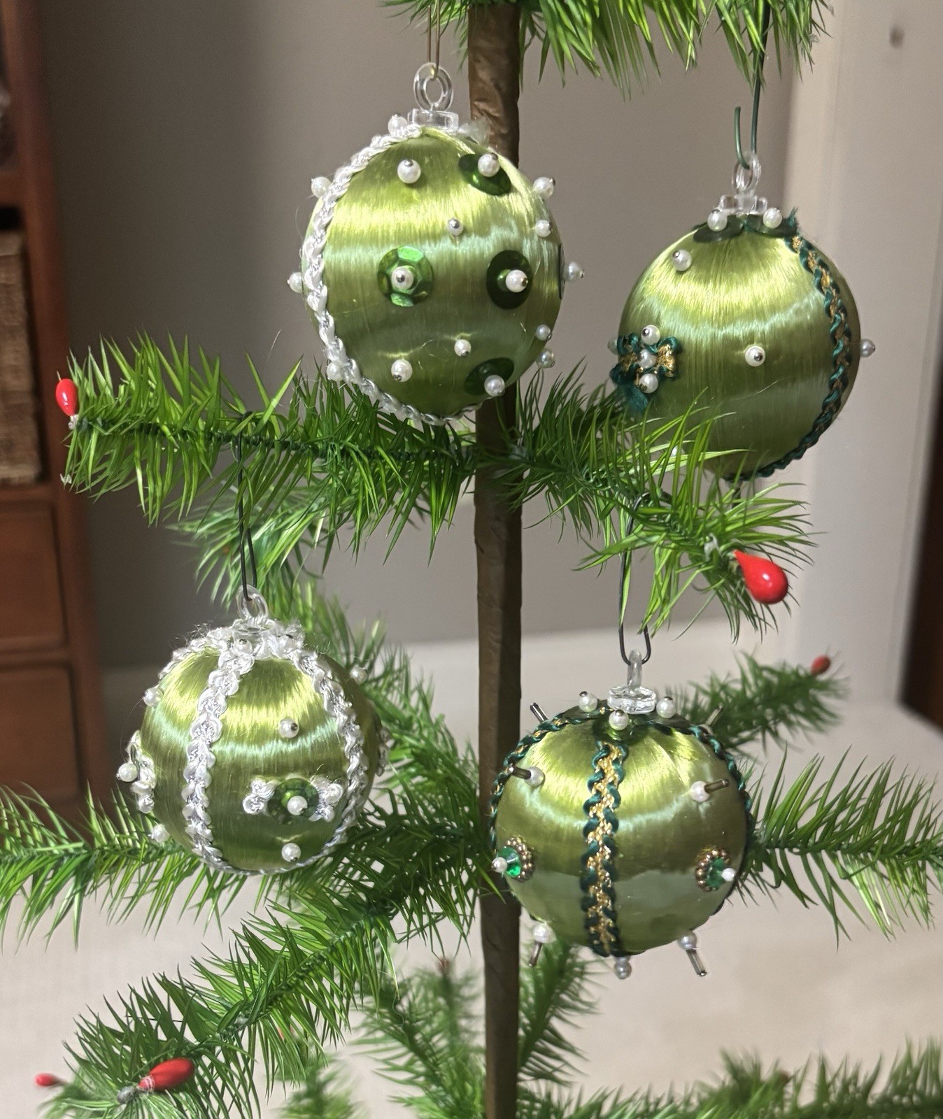 4 Vintage Mid Century Satin Sheen Christmas Ornaments Hand Decorated Push Pin 
