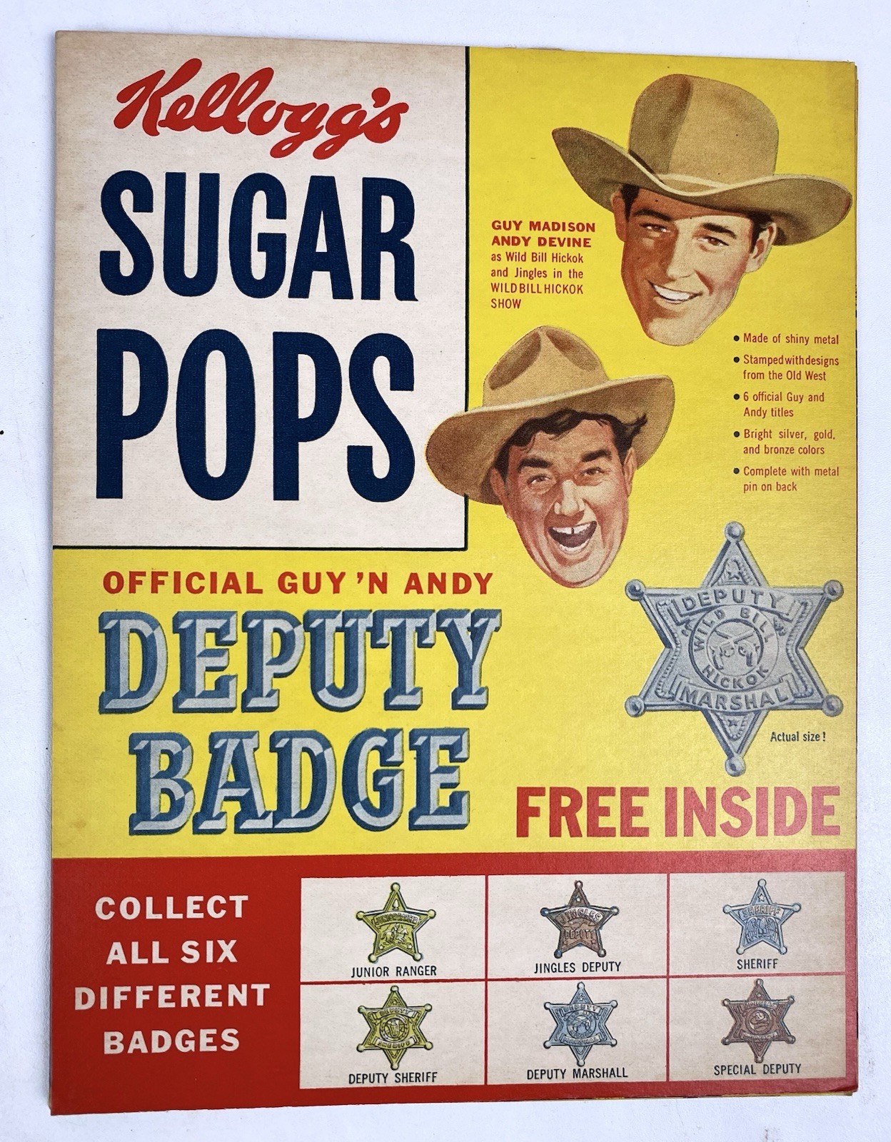 RARE Vtg Kellogg's 1956 Sugar Pops w/Guy & Andy Deputy Badge ~ Front Panel Only