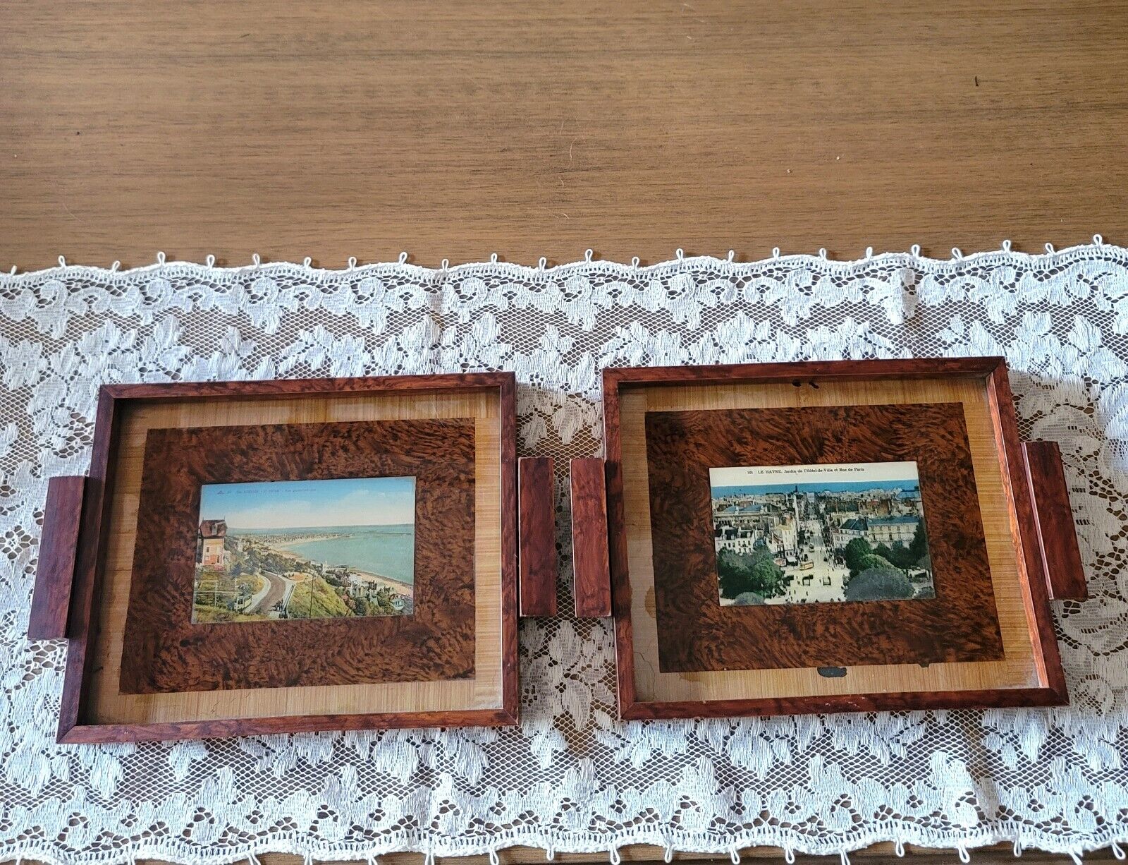 VTG RARE Art Deco Postcard Souvenir Trays Set Of 2 Travel Decor Wood Glass HTF