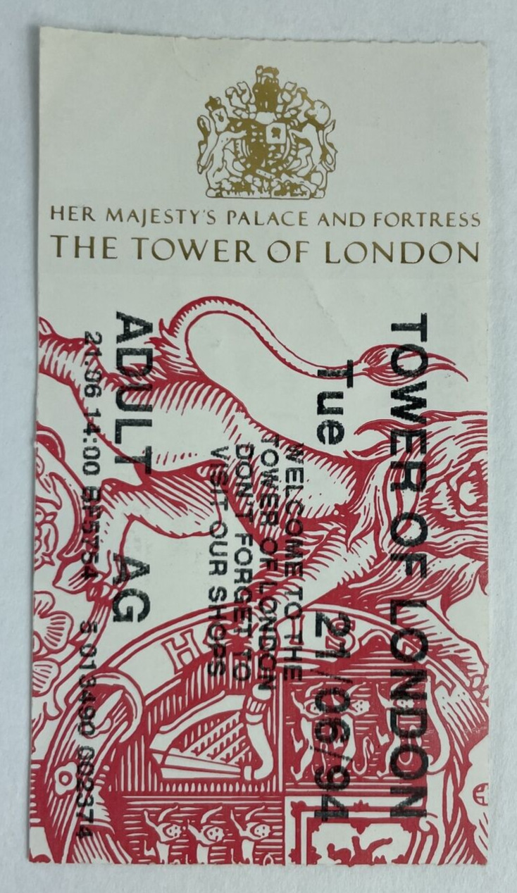 Vintage 1994 The Tower Of London Ticket Stub, Historic Travel, 6/21/1994