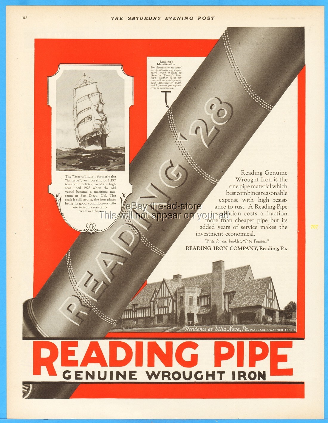 1928 Star of India Sailing Ship Villa Nova PA Home Ad Reading Iron Company PA