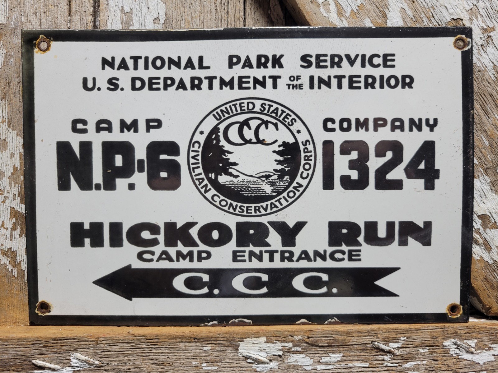 VINTAGE NATIONAL PARK SERVICE PORCELAIN SIGN OLD HICKORY RUN CAMP CIVILIAN CORPS