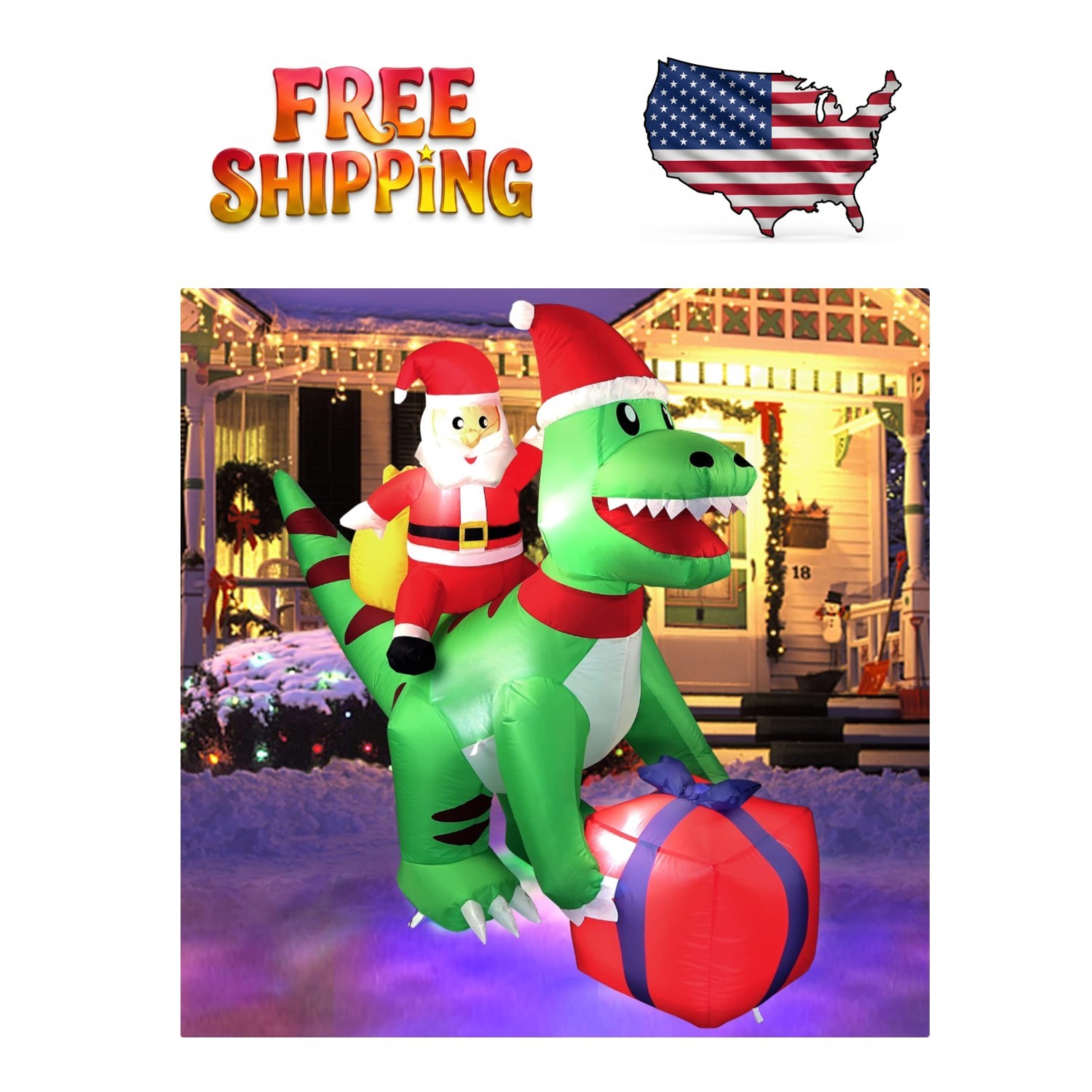 Self-Inflating 5 Ft T-Rex Dinosaur with Santa - Perfect for Holiday Yard Decor