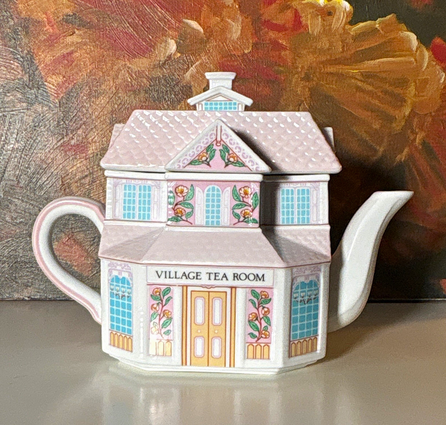 Vintage Lenox Village Tea Room Porcelain Teapot w/ Lid 1991 Pink White Blue