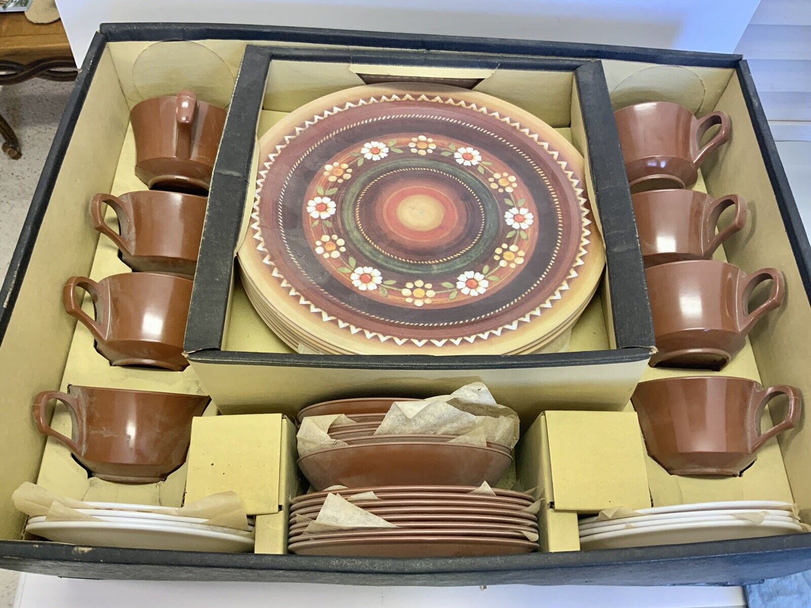 Vintage 1970s Melamine Complete Dinner Ware Set Over 40 Pieces New In Box