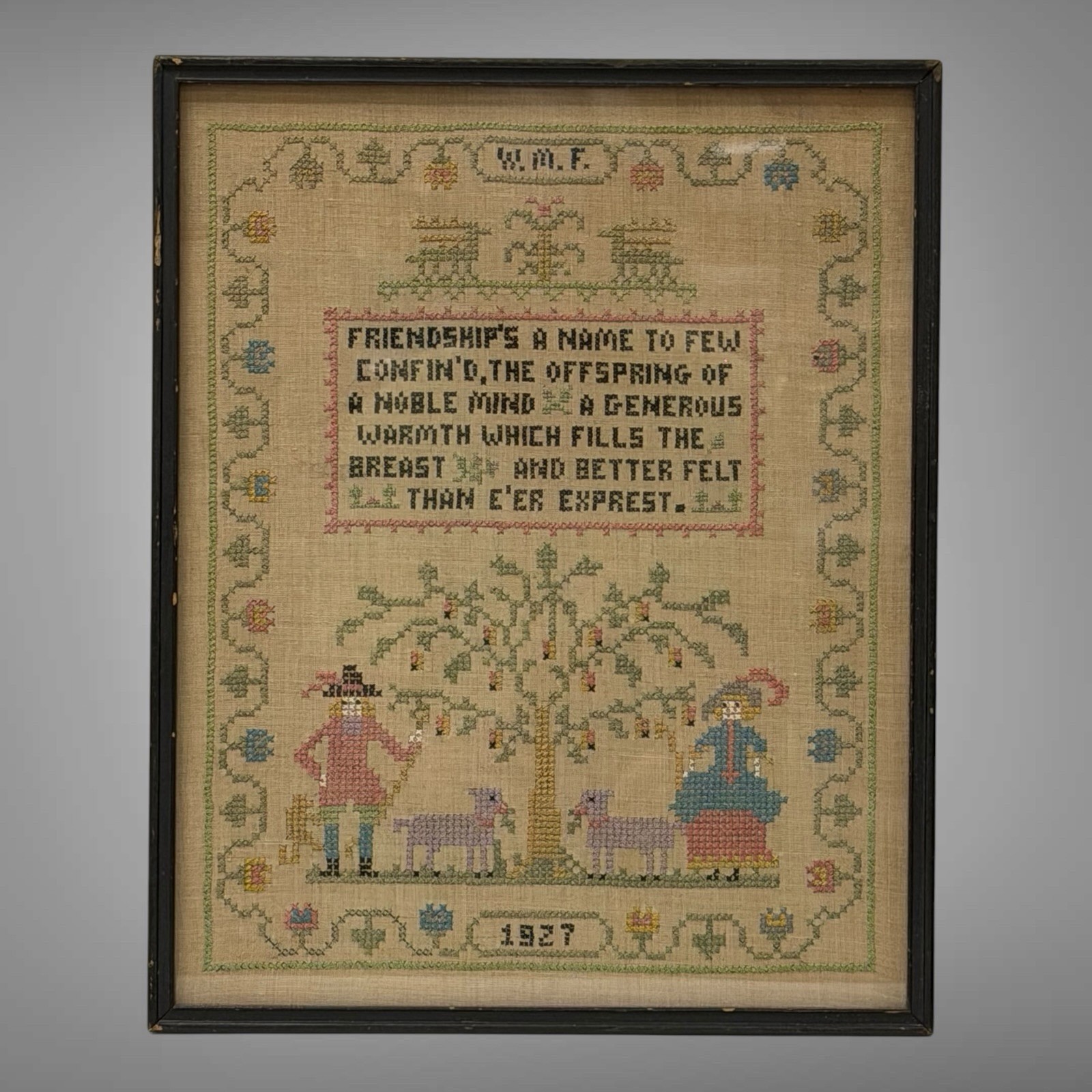 1927 American Folk Art Sampler Handstitched & Signed by “W.M.F.” Wood Framed