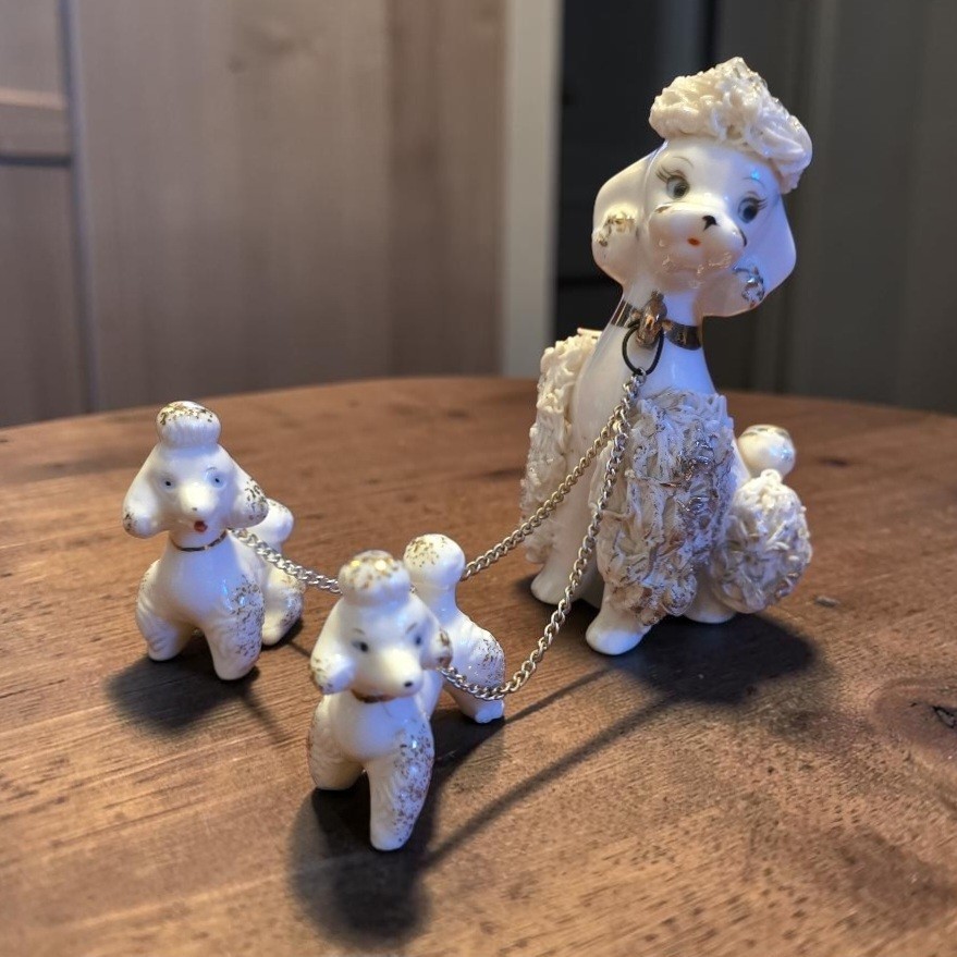 Vintage Lefton White Spaghetti Poodle Family Figurine Set Mom & 2 Pups C-5898