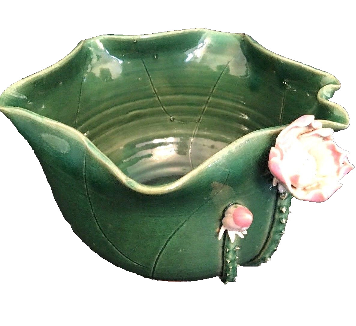 Green Ceramic Lily Pad Lotus Bowl Centerpiece Pink Lotus Thorns 9\