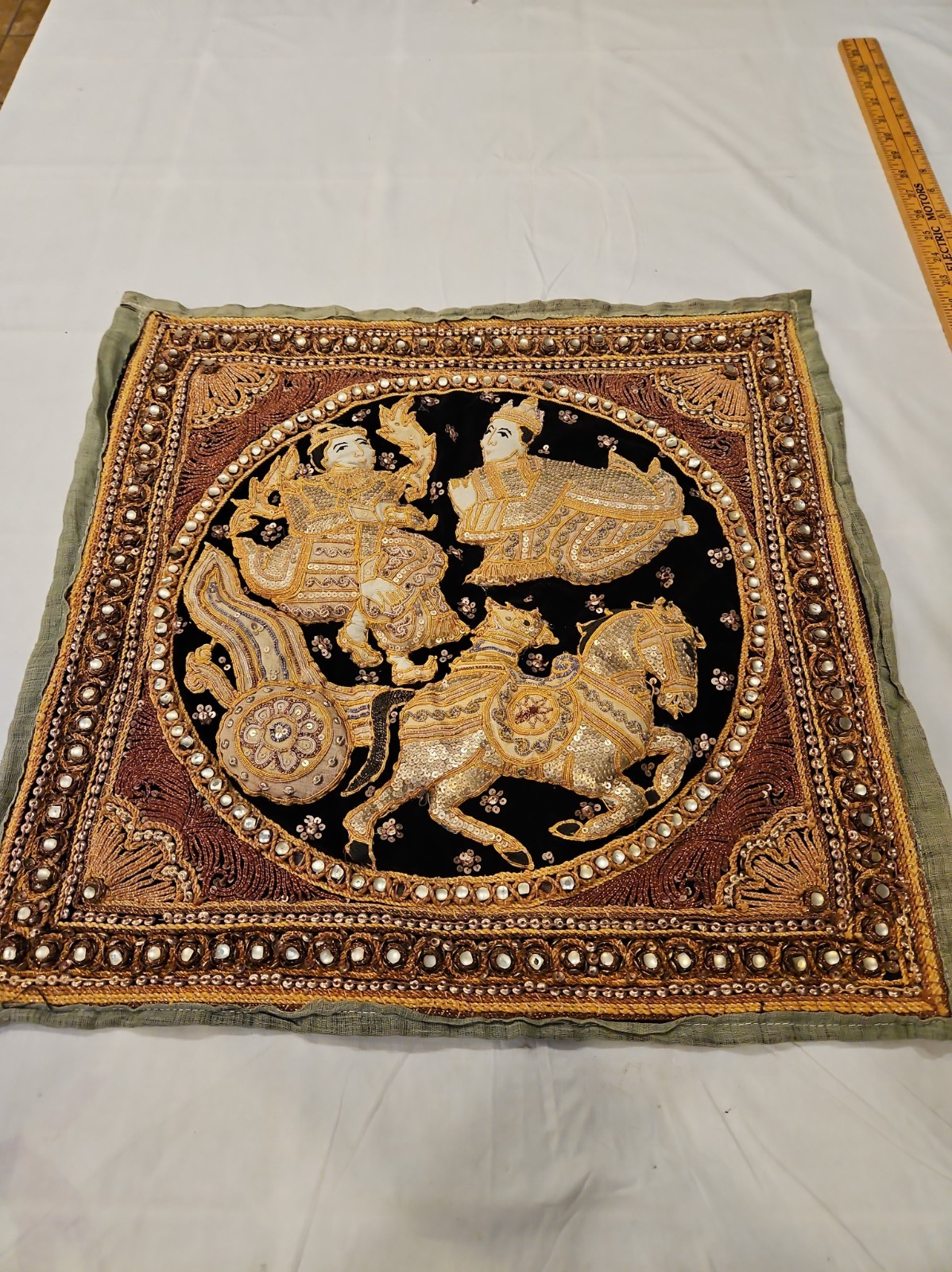 Vtg/antique Burmese Kalaga Chariot Tapestry Handmade Embroidered Sequin 20x20