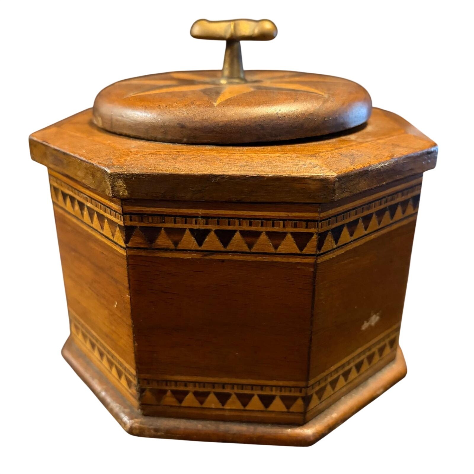Antique Tunbridge Ware Octagonal Wood Inlay Tea Caddy Trinket Box Star Lid