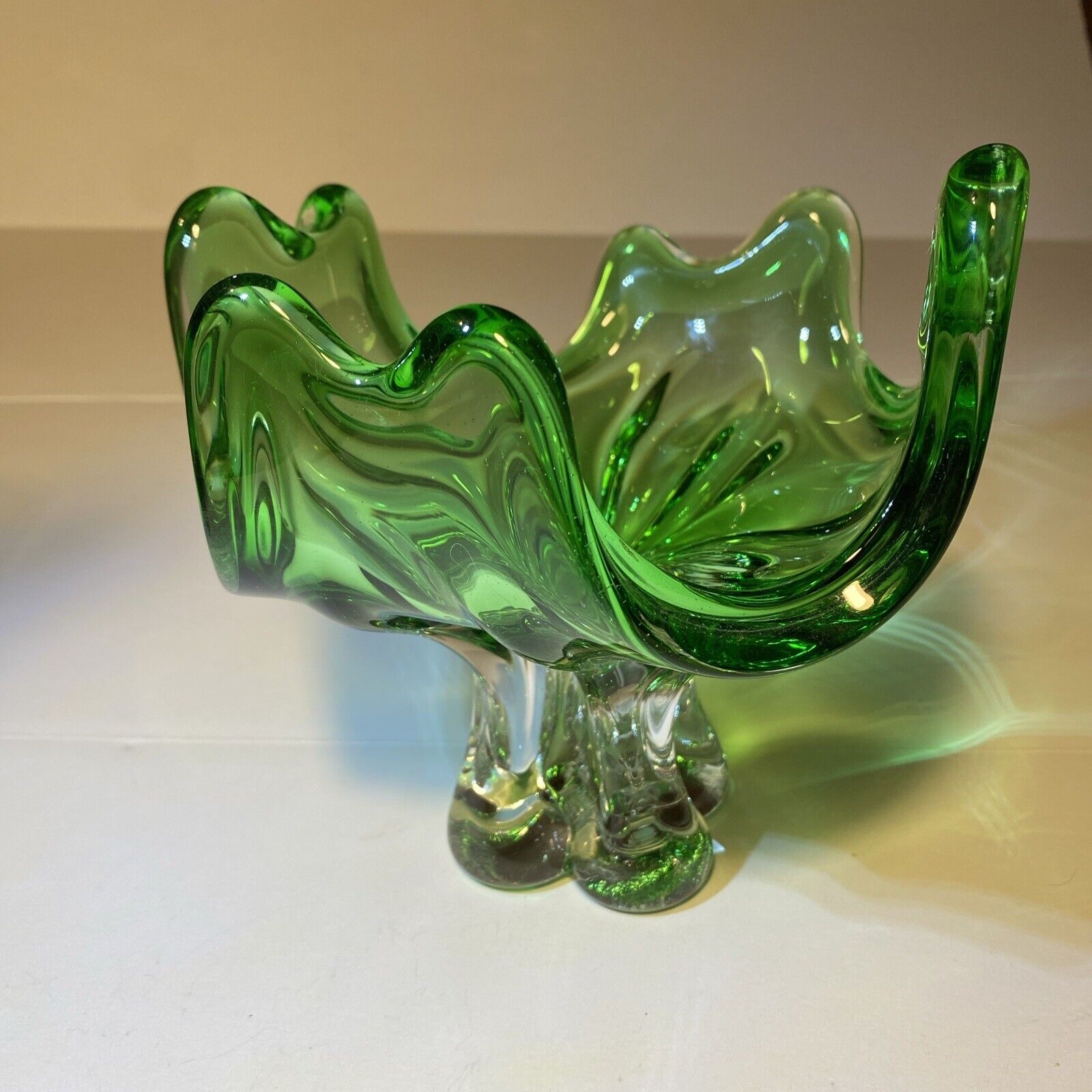 Art Glass Green Clear Footed Compote Candy Dish Trinket Bowl Ashtray Abstract