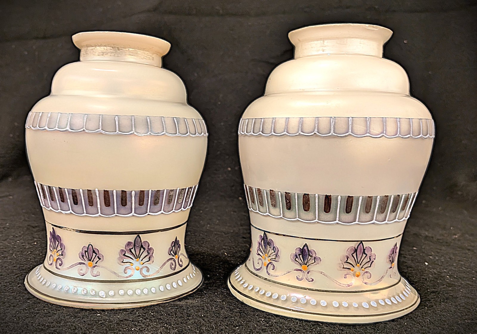 Vintage Pair of Iridescent Painted Aurene Art Glass Lamp Shades