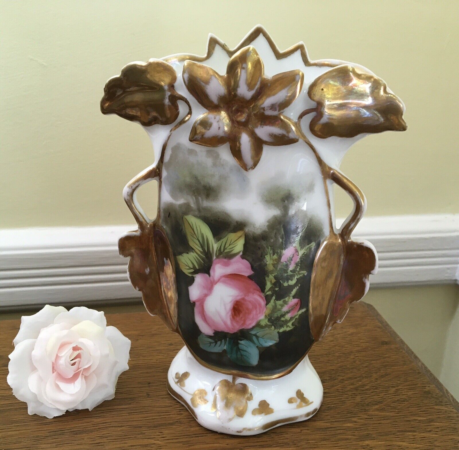 Lovely French Style Porcelain Wedding Vase with Handpainted Rose & Shiny Gold