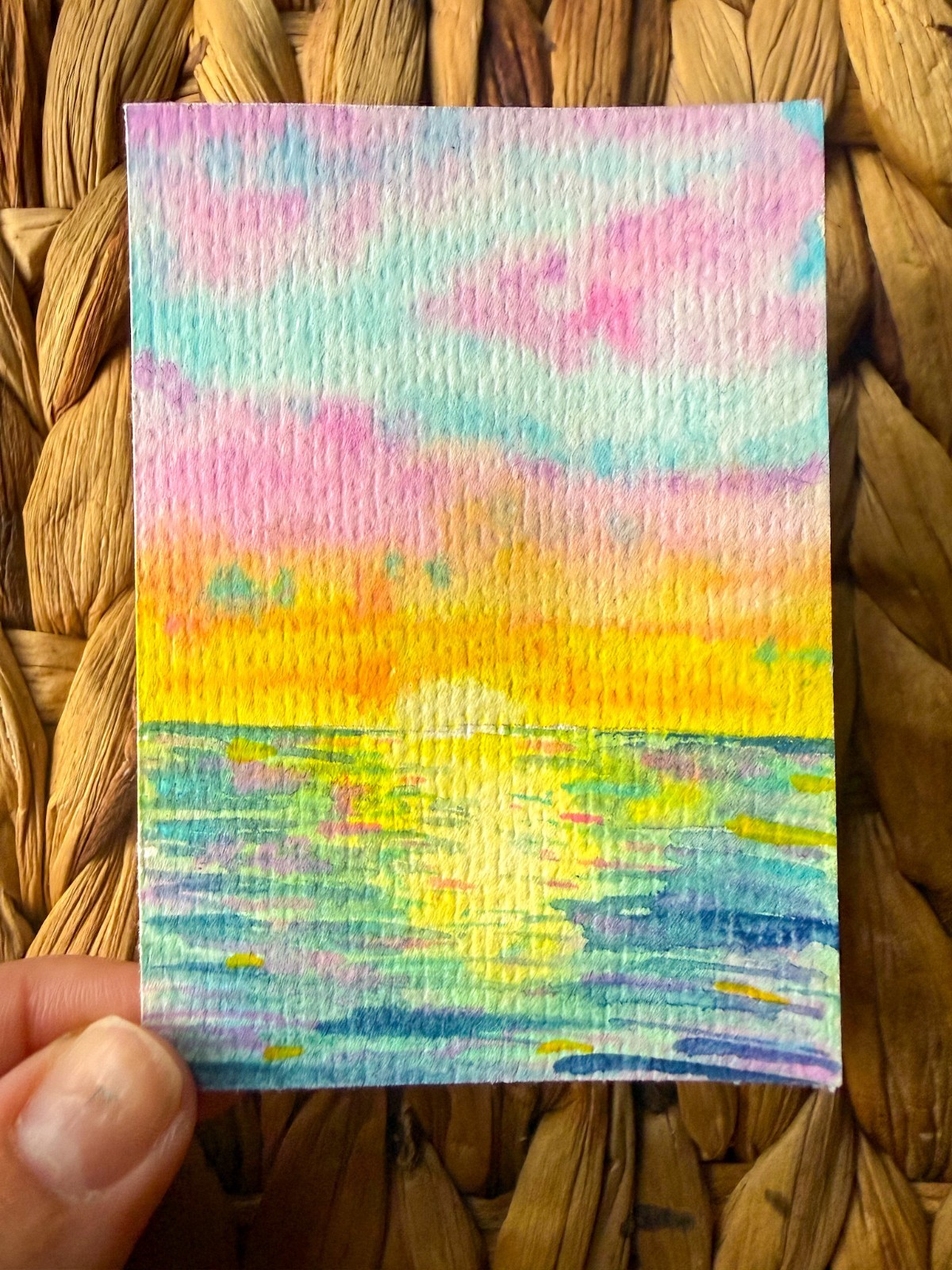 ACEO Art Card Original Signed Watercolor Painting 2.5x3.5 \'Candy Sunset at Sea\'