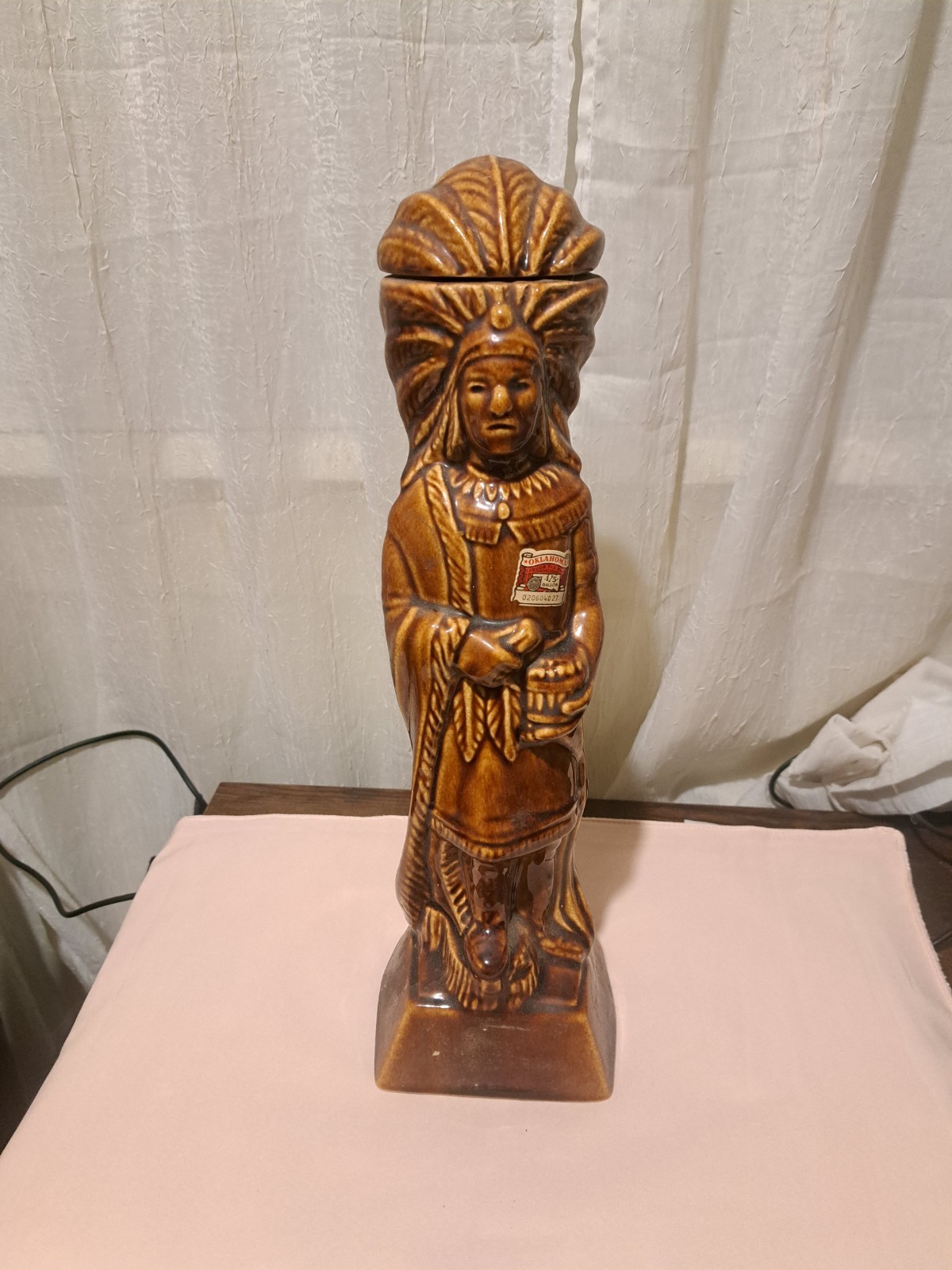 Vintage 1968 Ezra Brooks Pottery Indian Chief Whiskey Bottle Decanter empty 16\