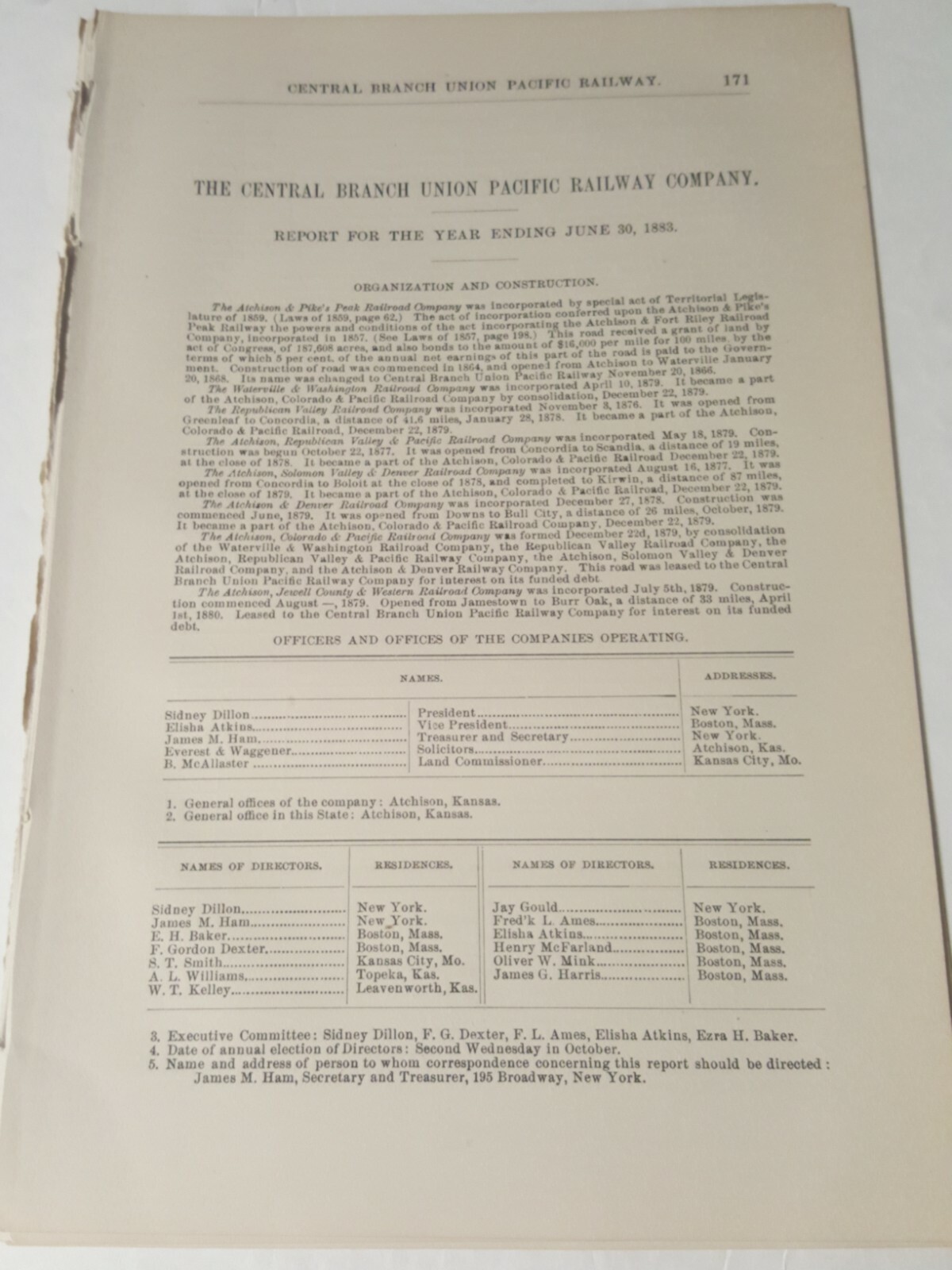 1883 Kansas railroad report Central Branch Union Pacific Railway Cawker City KS