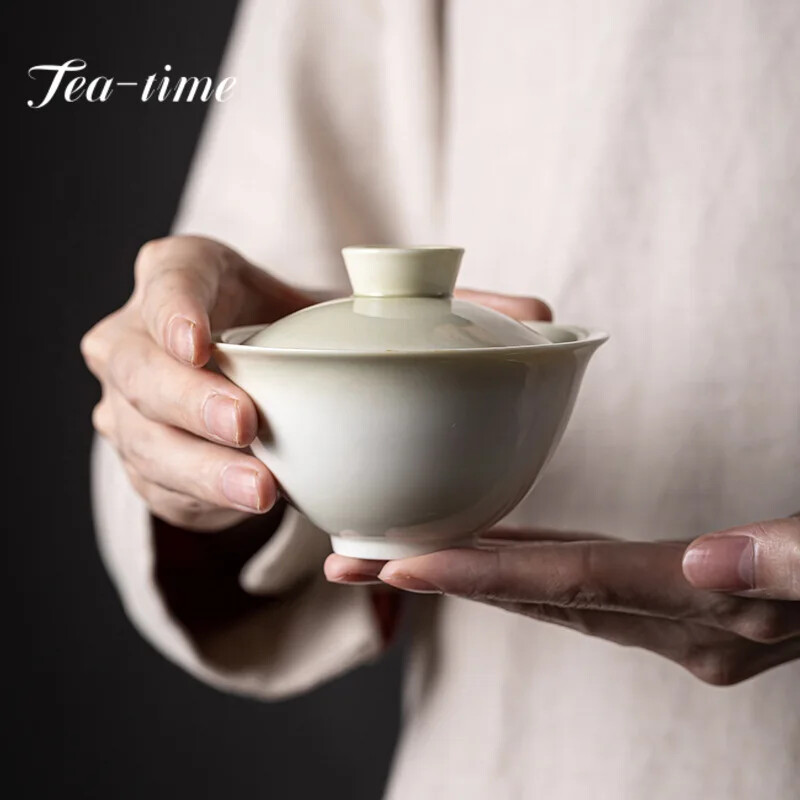 130ml Chinese Celadon Gray Glaze Gaiwan Vintage Tea Tureen Household Tea Maker