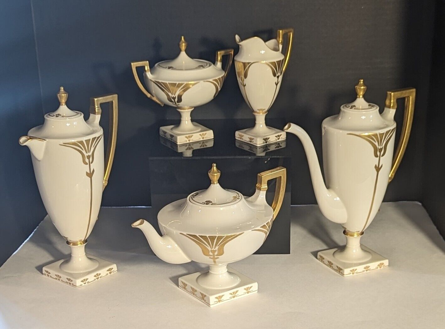 Rare Art Deco American Belleek Lenox Hand Painted Gold Porcelain Tea Service