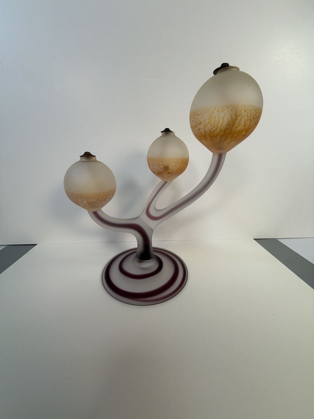 Vintage Hebron Israel Phoenix Three-Light Frosted Art Glass Candelabra