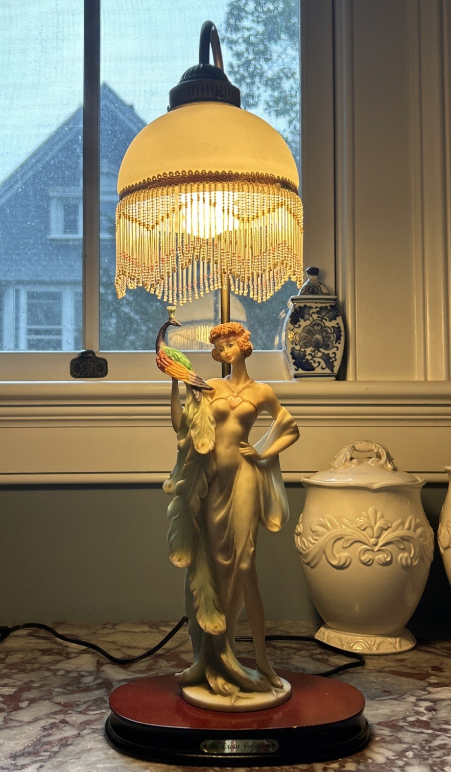 The Crosa Collection Table Lamp Lady w Peacock Beaded Glass Shade