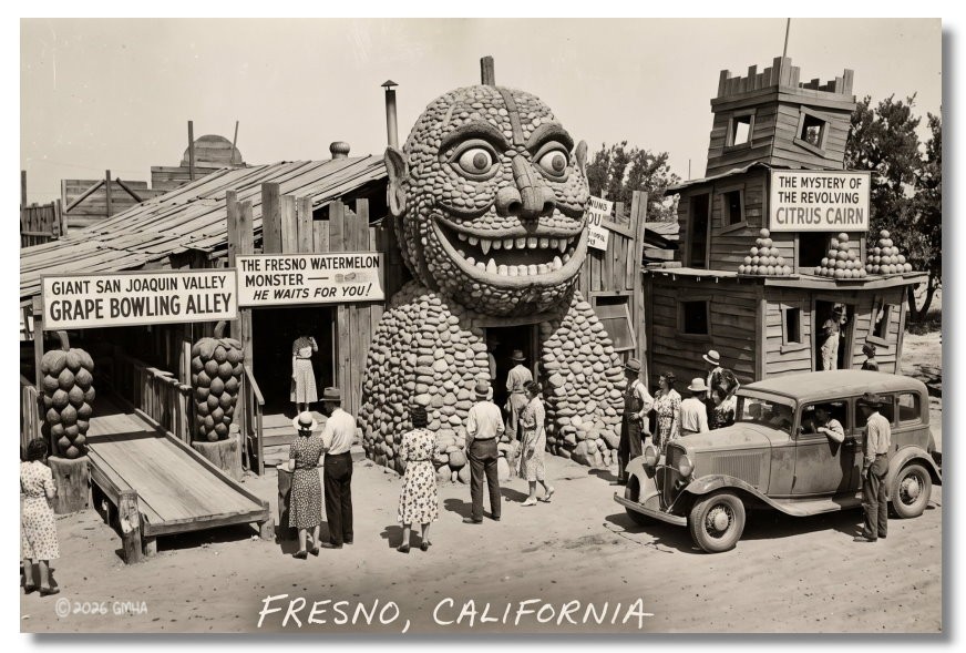 Vintage‑STYLE  ART 1930s RPPC-GRAPE BOWLING ALLEY-FRESNO CALIFORNIA FAUX PHOTO