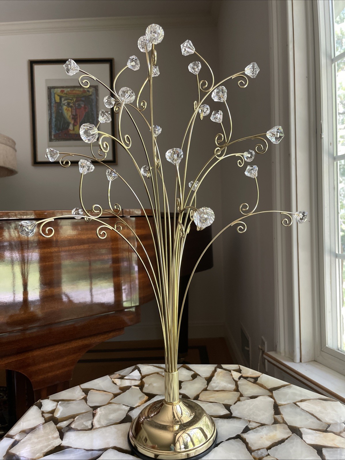 Vtg 23” Gold Metal 15 Arm Christmas Ornament Tree Stand w Acrylic Crystal Ends