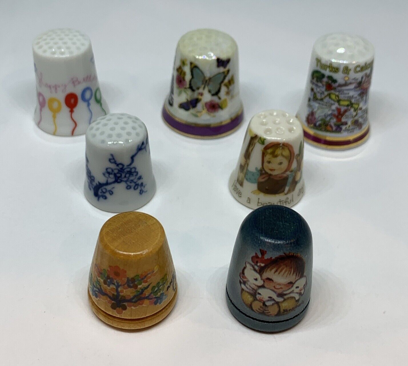 Lot of 7 Vintage Collectible Thimbles Porcelain and Wood Floral & Nature Themed