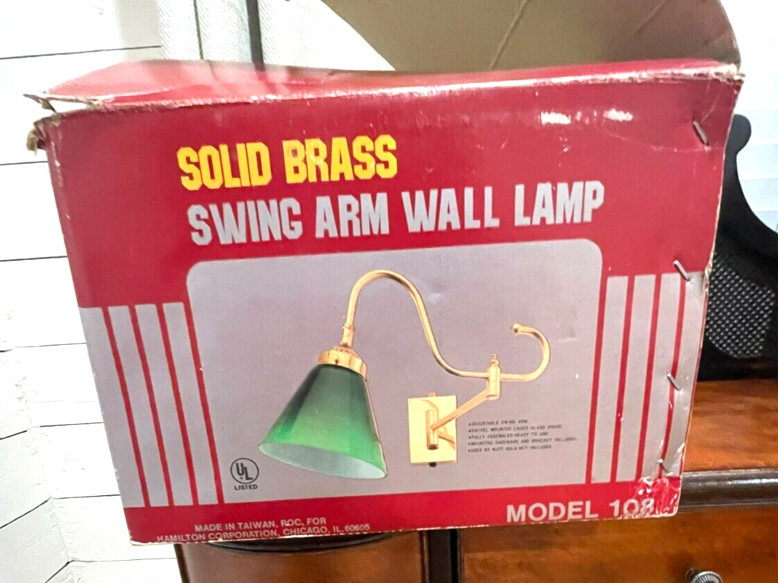 Vintage Solid Brass Swing Arm Wall Lamp With Dark Green Glass Shade