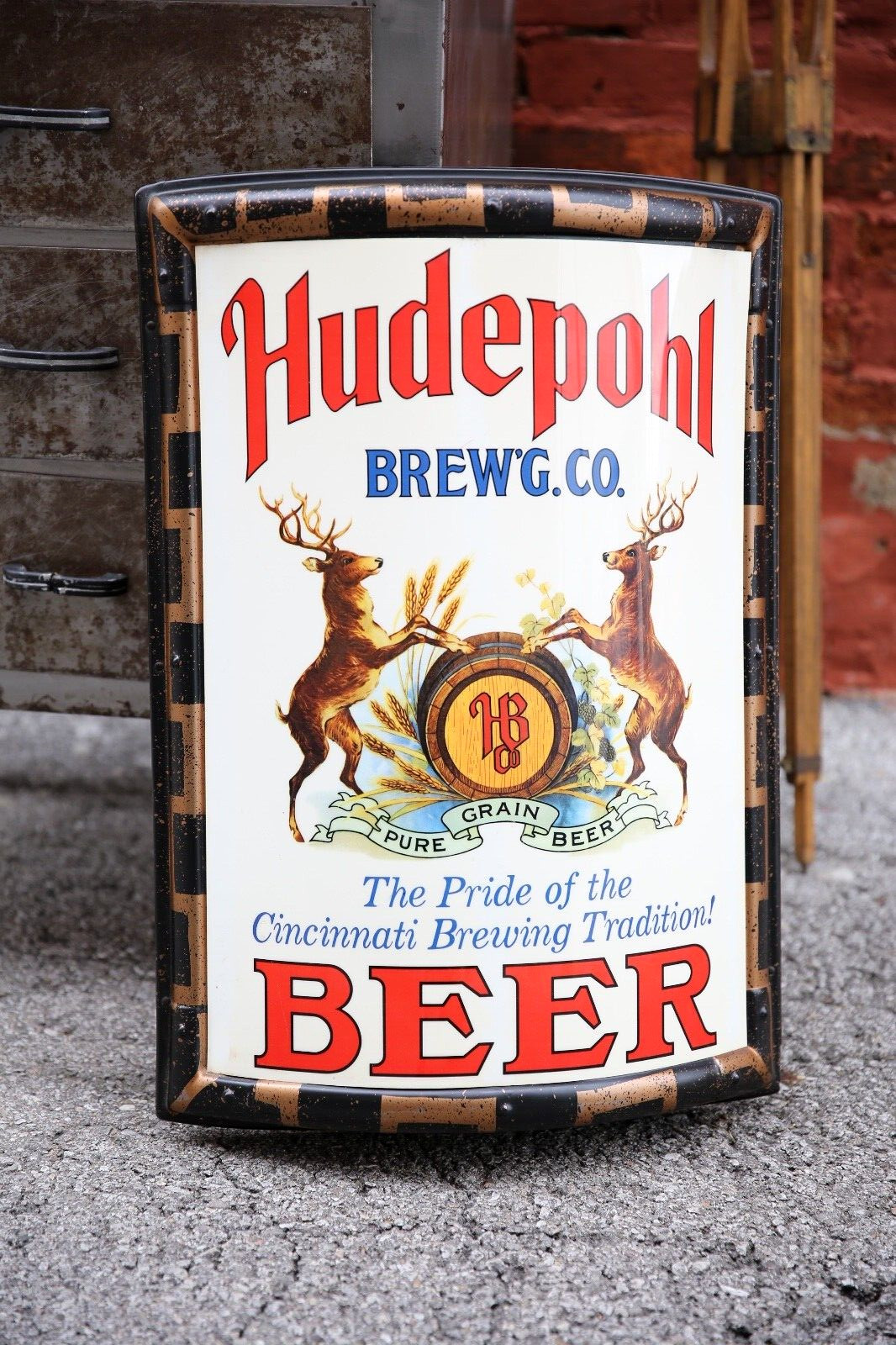 HUDEPOHL Beer Bar Sign Cincinnati Brewery Stag Deer japanned frame Vintage NICE