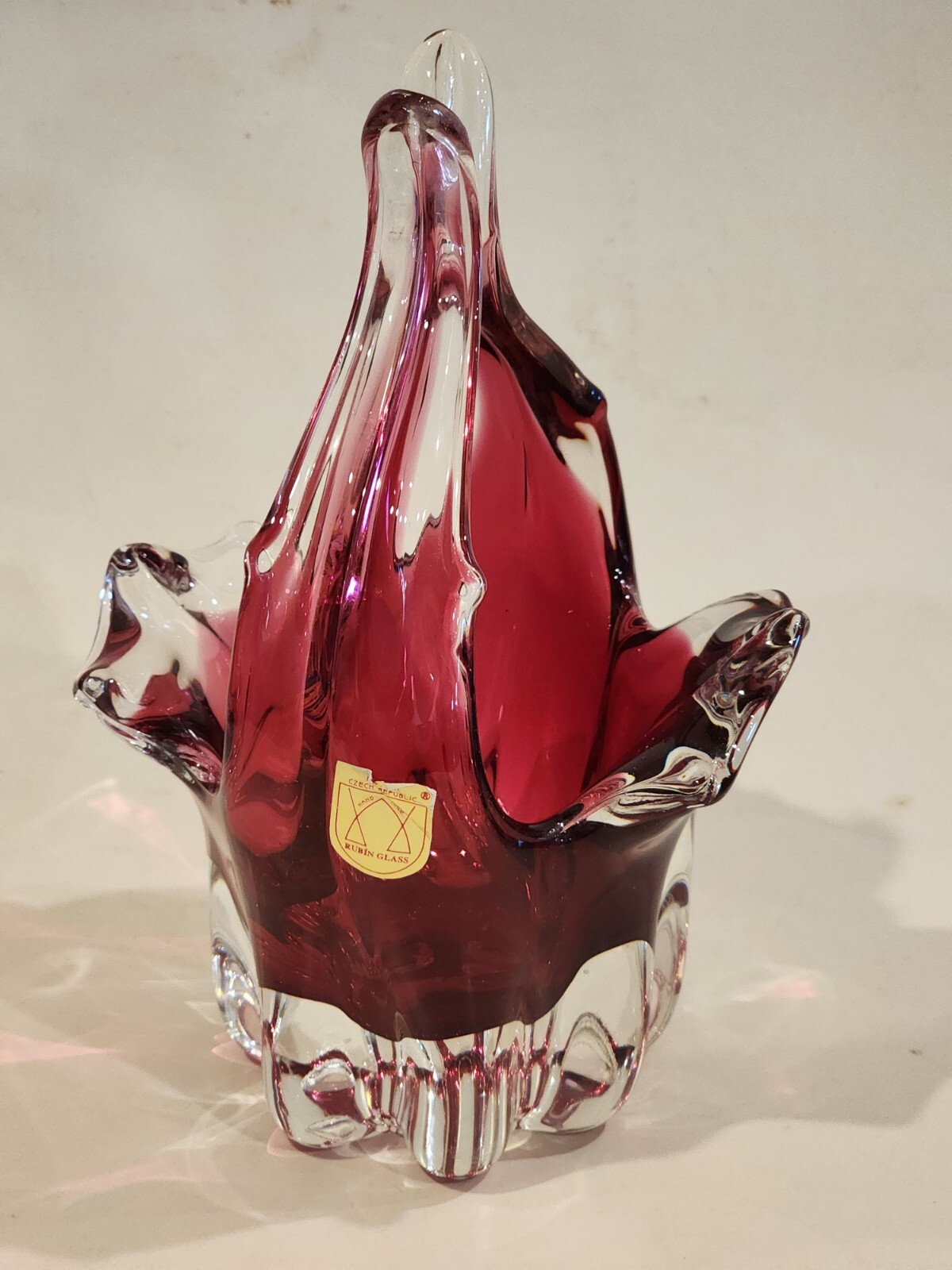 RUBIN Bohemian Art Glass Vase. Czech (Chribska). Cranberry/Clear w Orig. Tag