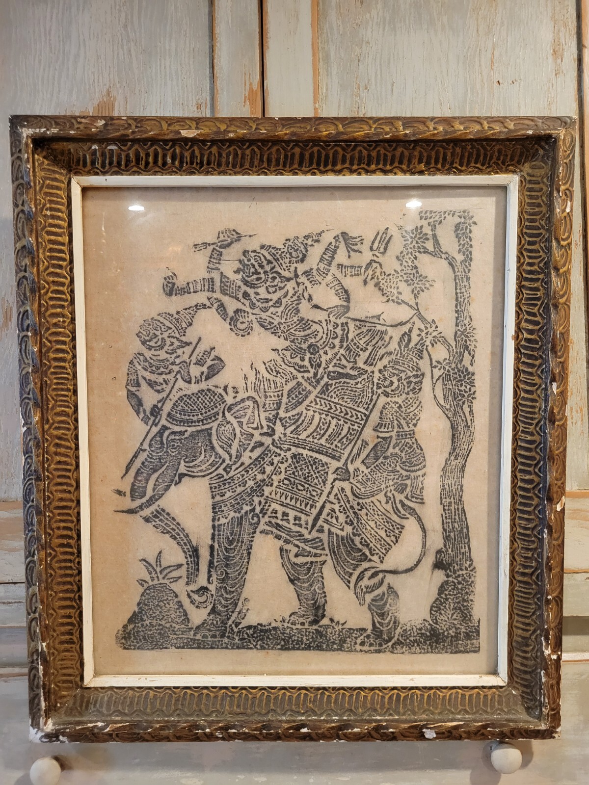 Antique TEMPLE RUBBING WITH ELEPHANT THAI Buddhist Plaster Wood Ornate Frame 