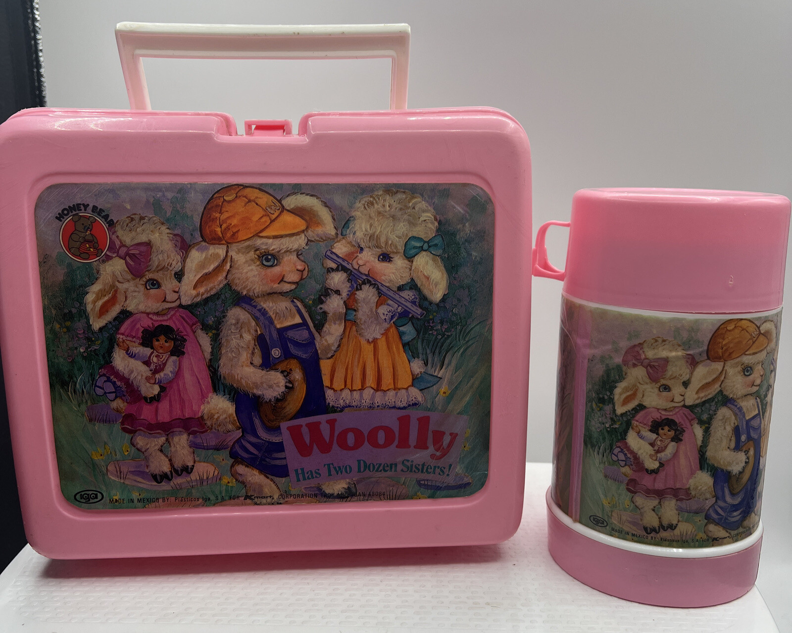 Vintage Woolly Lambs IGA Kmart Lunch Box Thermos KENY Pink RARE Honey Bear