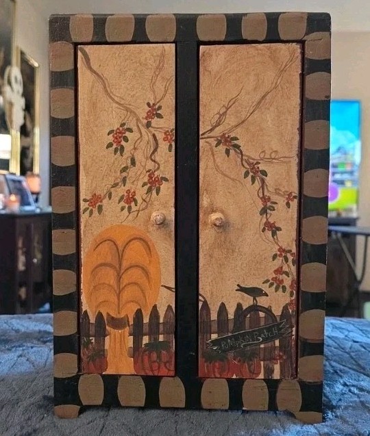 Vintage Hand-Painted Wooden Folk Art Tabletop Cabinet Autumn Pumpkin Patch