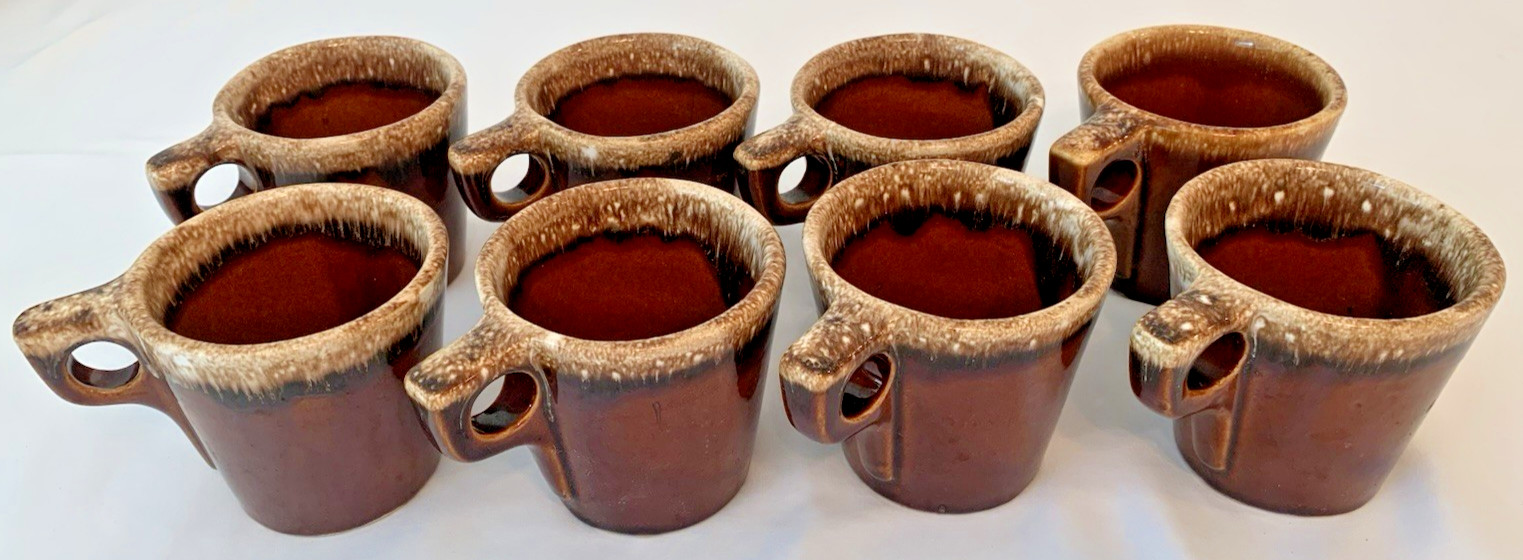 Vintage HULL Pottery USA Oven Proof BROWN DRIP GLAZE Coffee Mug/Cup lot/set of 8