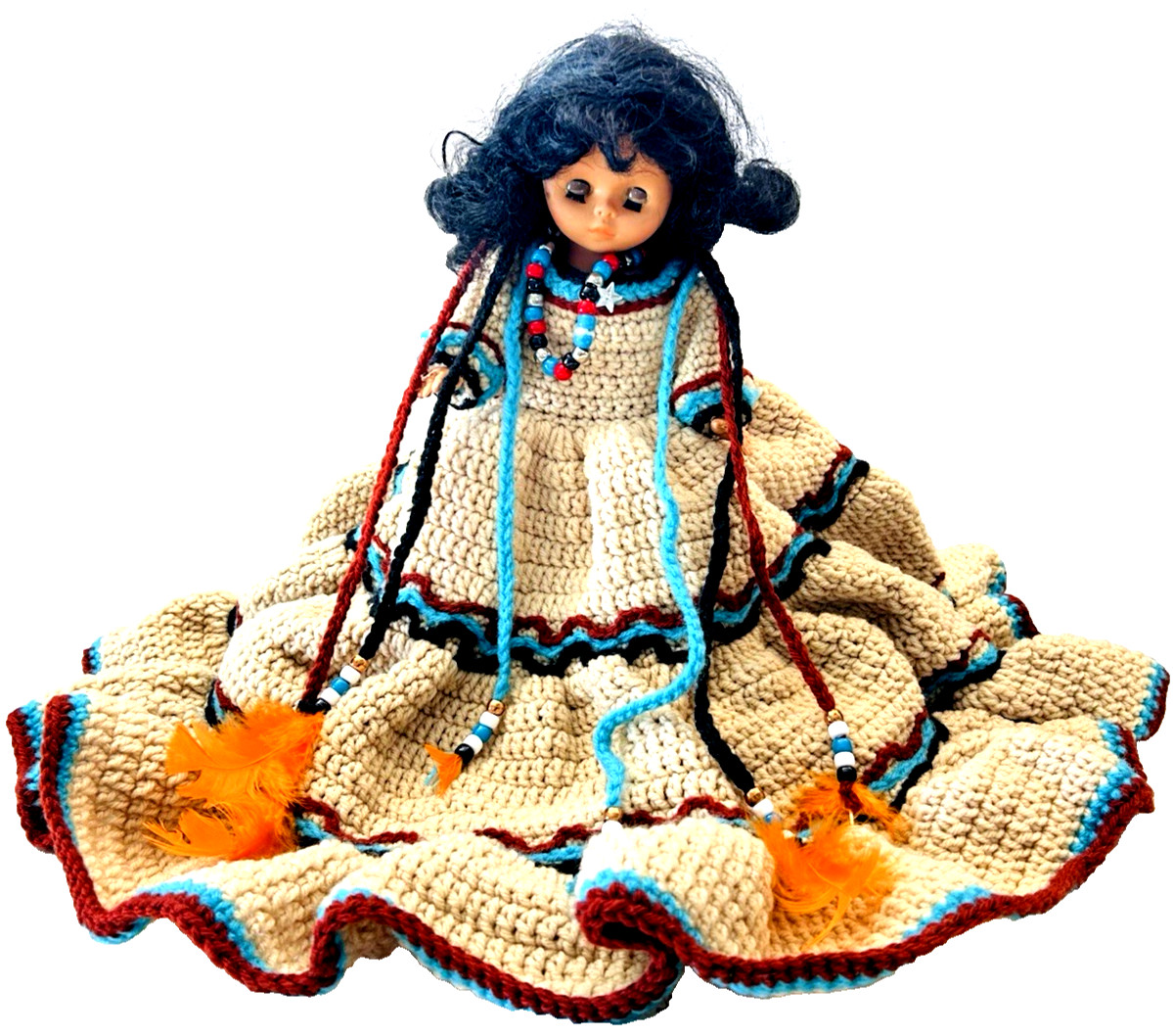 Vtg Fibre Craft Materials Doll w/ Traditional Folk Crochet w/ Beads Dress 1988