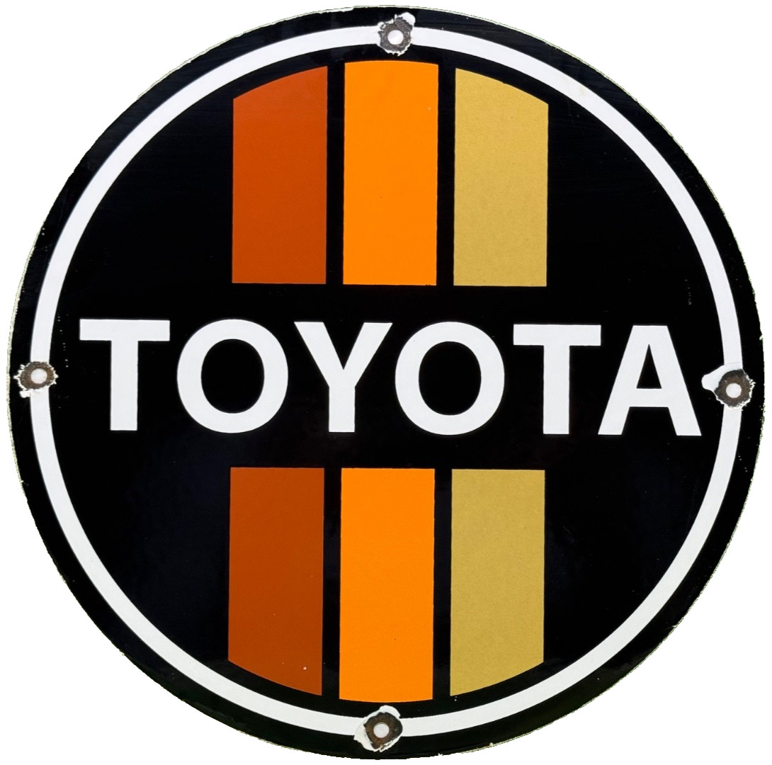 VINTAGE TOYOTA PORCELAIN SIGN RETRO ORANGE STRIPES DEALERSHIP GARAGE CAR TRUCK