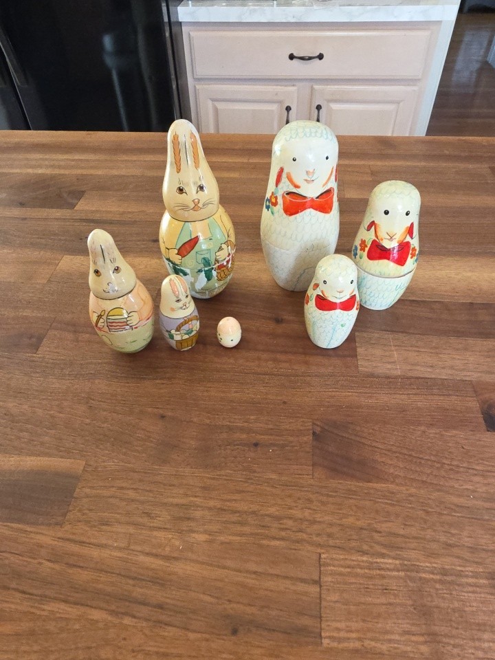 Variety Of Vintage Nesting Dolls, Wooden Toys, Rabbits And Sheeps Variety Of Vintage Nesting Dolls, Wooden Toys, Rabbits And Sheeps