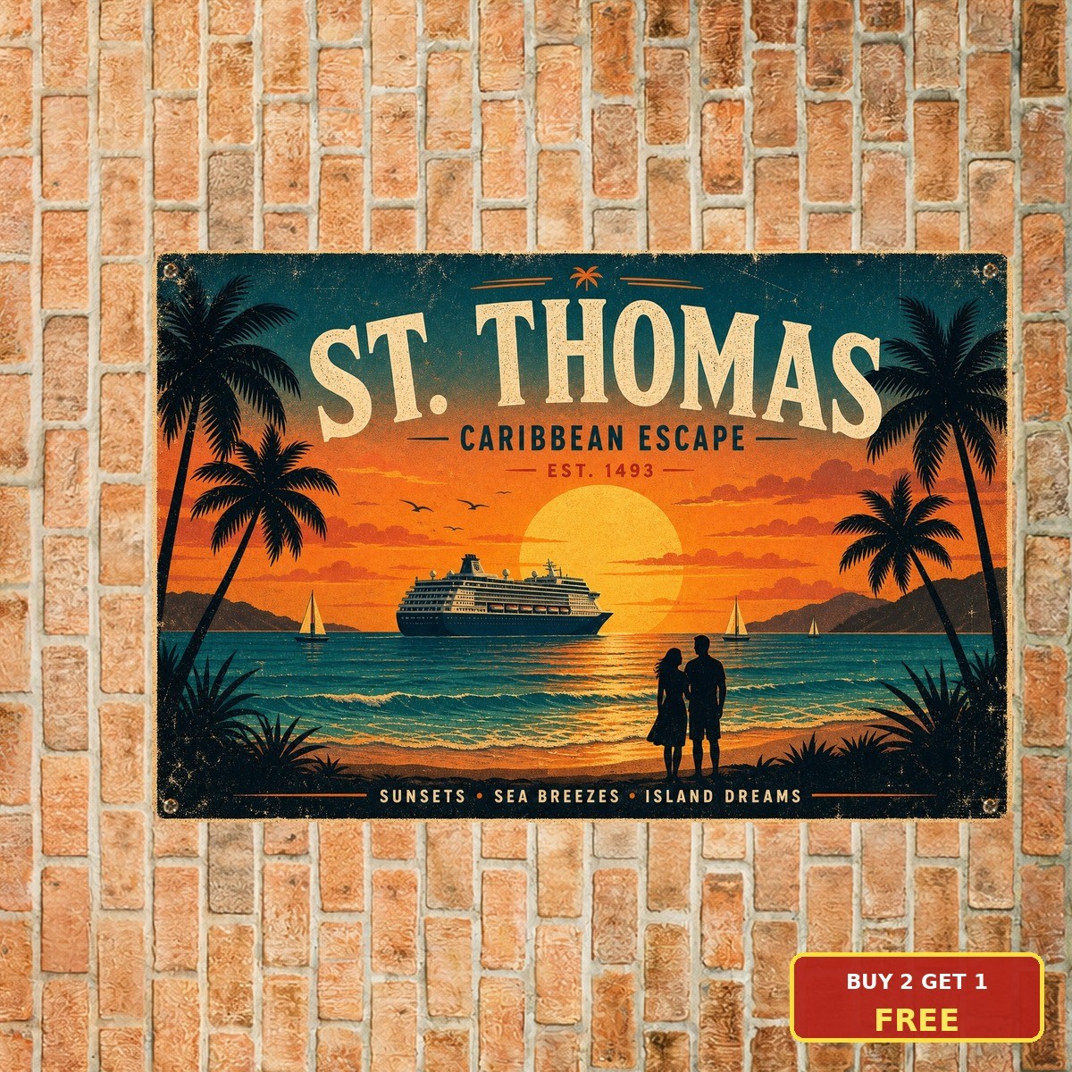 st_thomas_tropical_beach_sunset_palm_trees_silhouette_cruise_ship_art_2d_flat_de