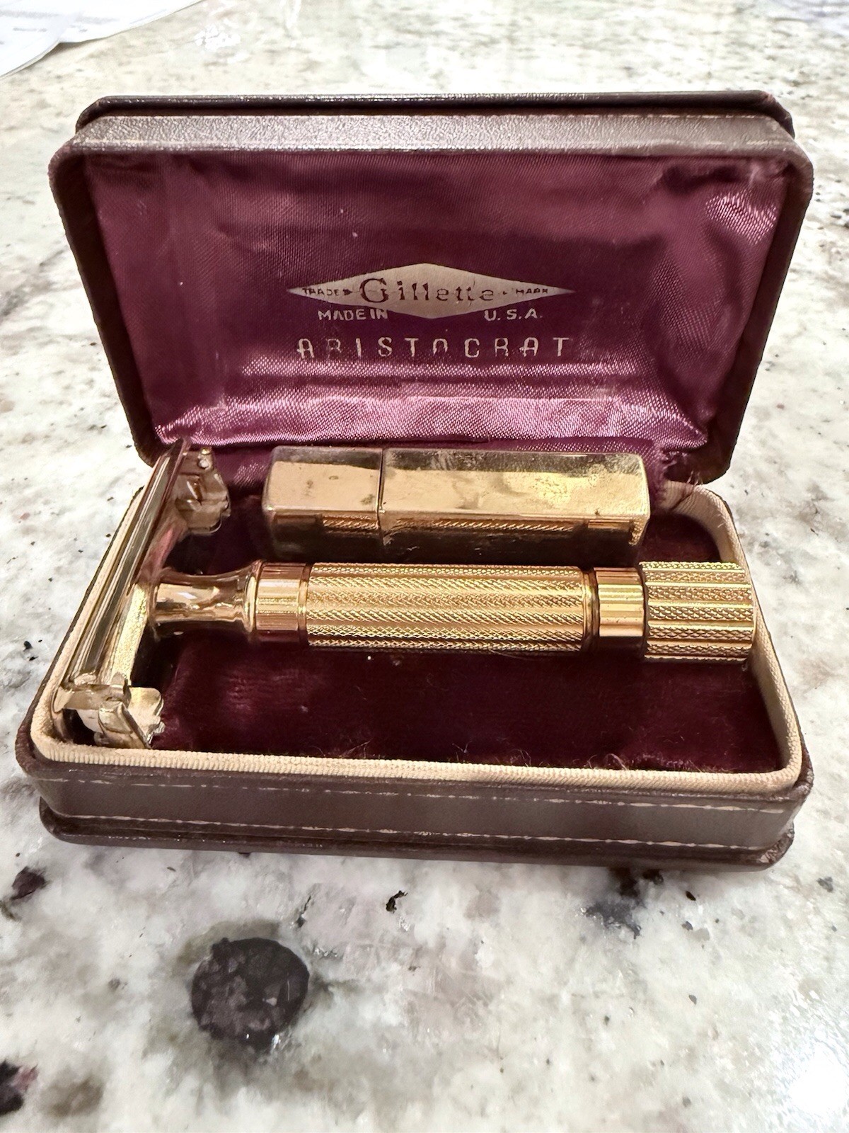 Vintage 1940s Gillette Aristocrat Gold Safety Razor Set Case & Blade Holder Nice