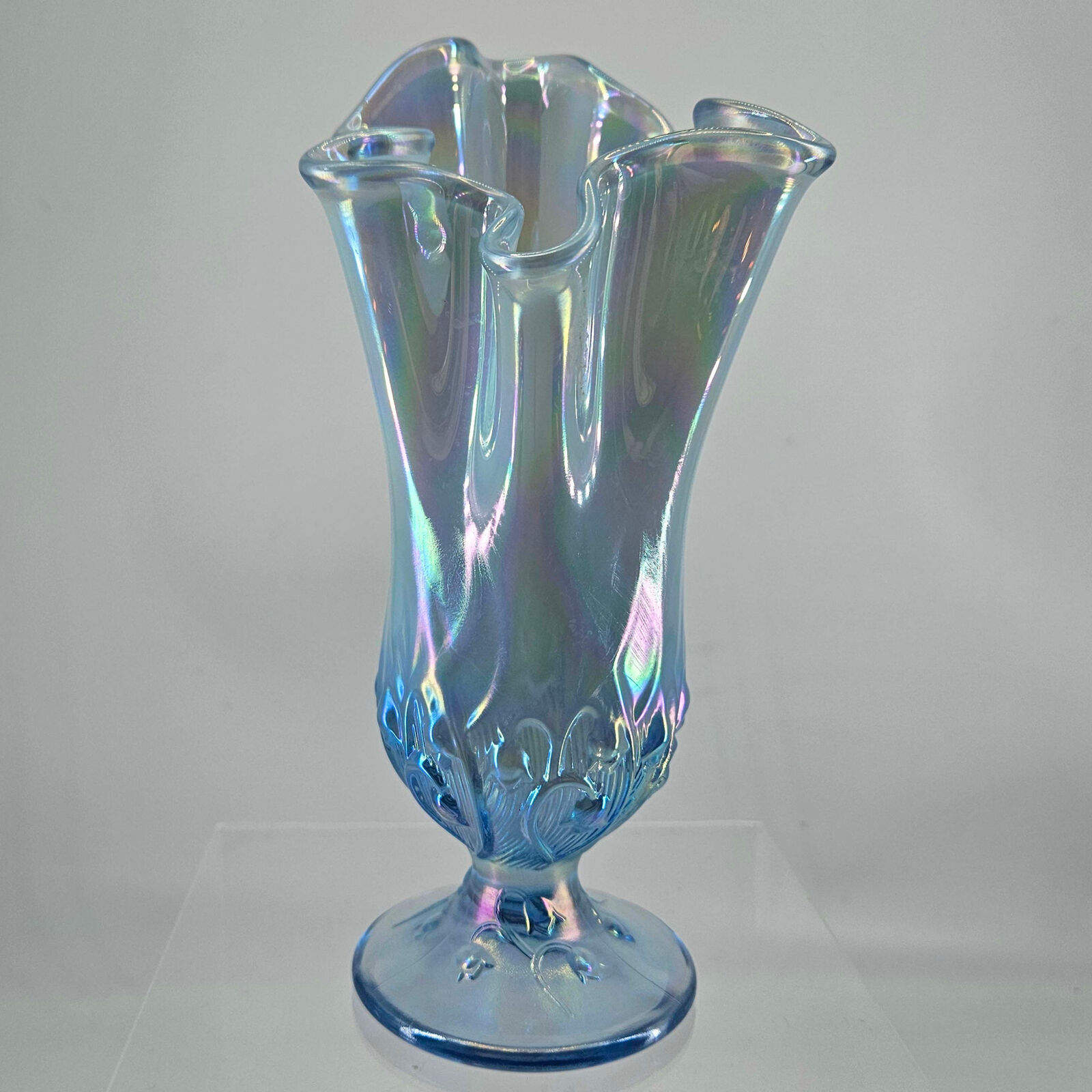 Fenton Art Glass Blue Opalescent Ruffled Lilly of the Valley Handkerchief Vase 8